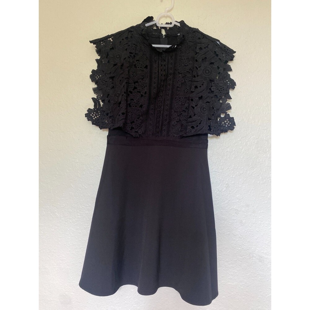 INA Dress Large Black Lace Crochet High Neck Short Sleeve Tiered Embroydery